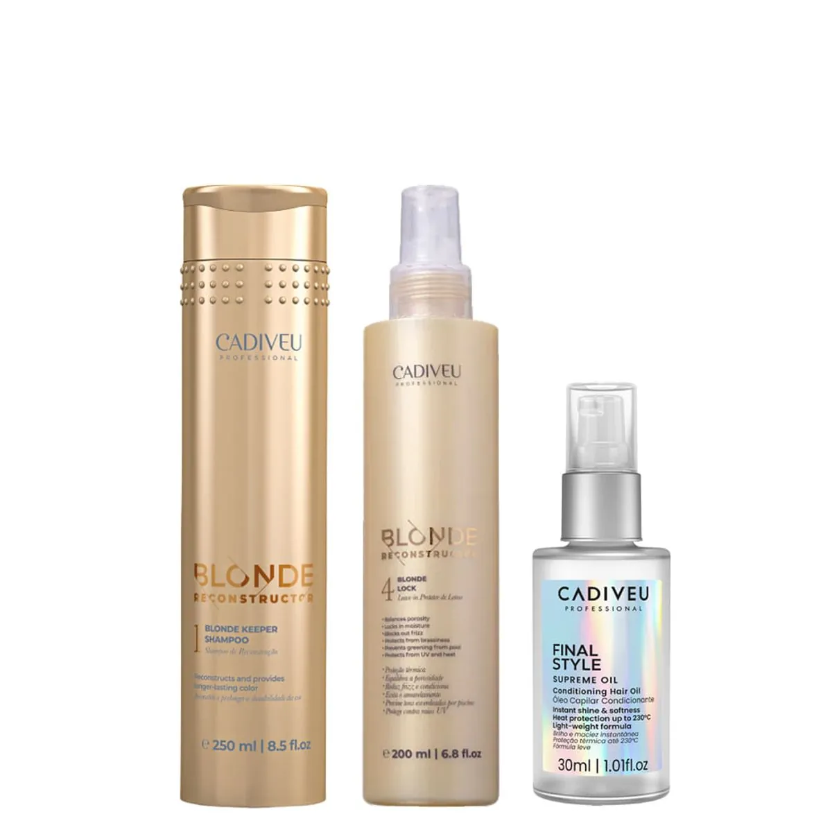 Kit Cadiveu Blonde Reconstructor Keeper Shampoo 250ml + Óleo Capilar Final Style 30ml + Leave-In 200