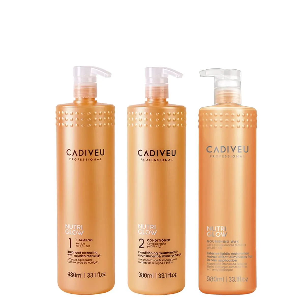Kit Cadiveu Nutri Glow Shampoo 980ml + Condicionador 980ml + Cera 980ml