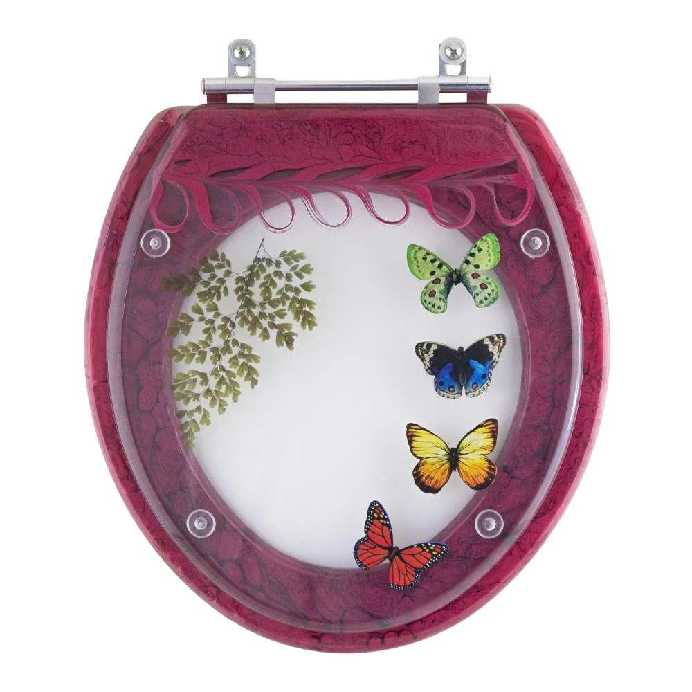 Assento Sanitario Poliester Decorado Borboletas Magenta Uni Para Bacia Celite 6lpf