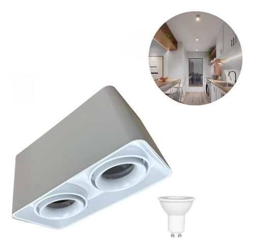 Spot Plafon Sobrepor Duplo Direcionavel Alumínio + Dicroica - Branco - Branco Neutro - 110v/220v