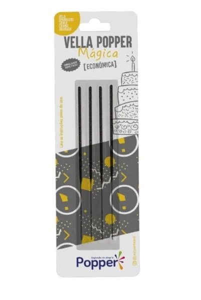 Vela Magica Palito Economica Chama Dourada C/4un 13,5cm Popper