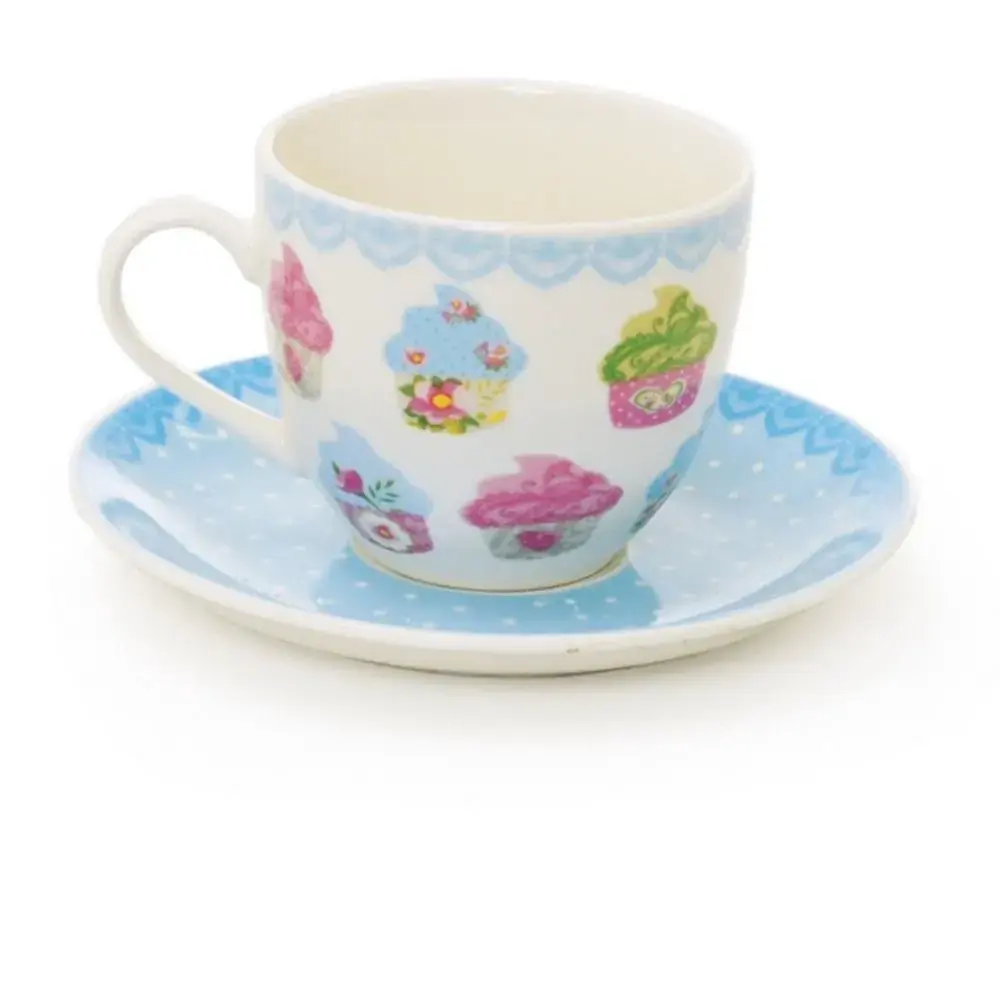 Conjunto.xicara Ceramica Cromus Cupcake Azul C/poa