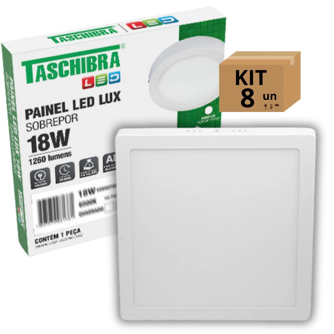 Kit 8un Painel Led Taschibra Sobrepor Quadrado 18w 6500k