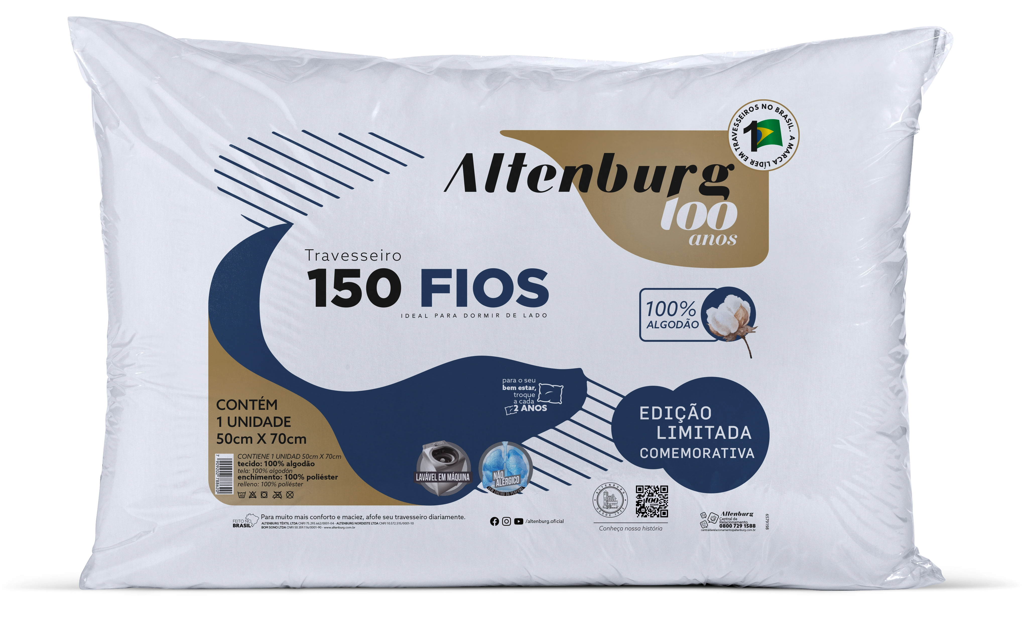 Travesseiro Altenburg 0,50x070 150 Fios 100 Anos Branco