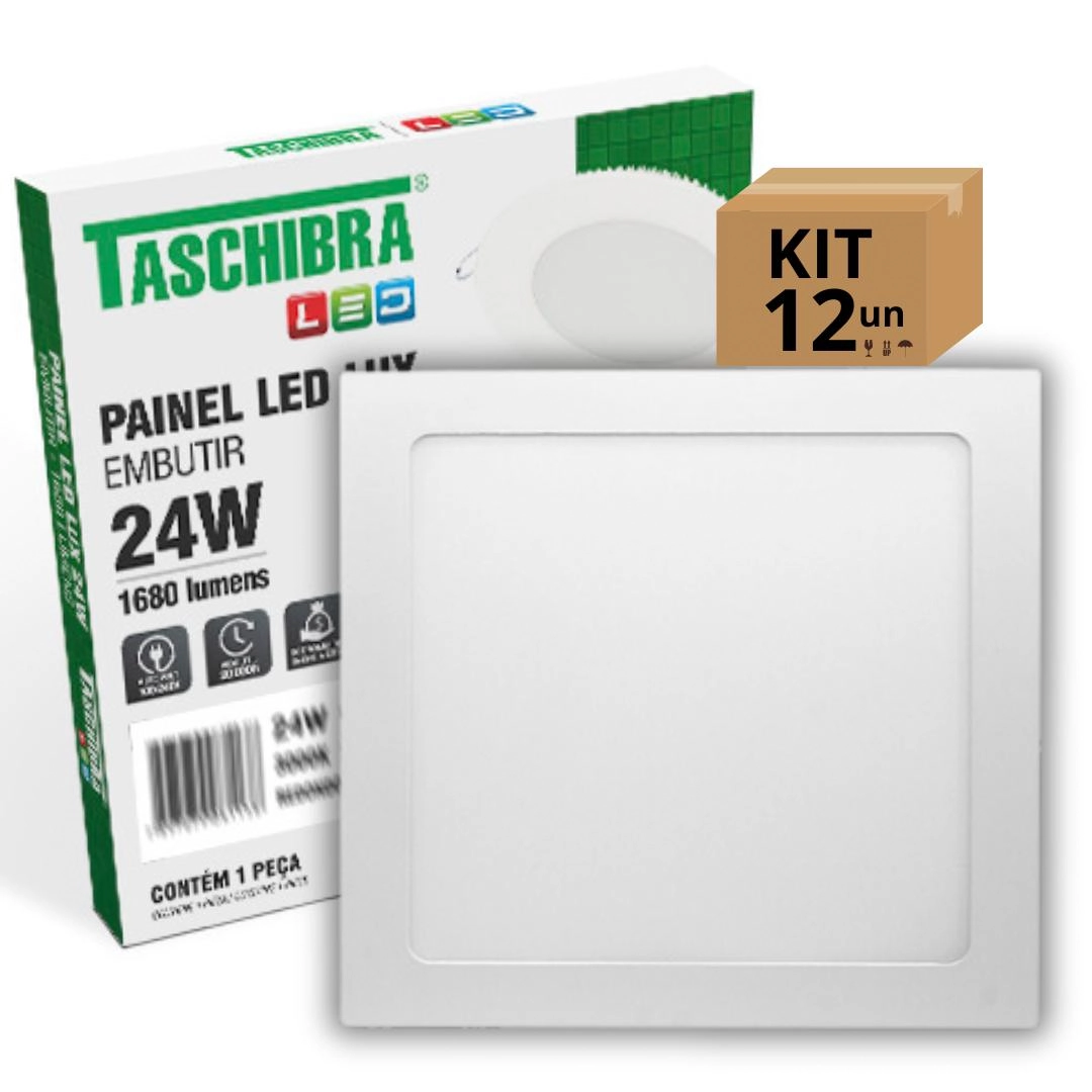 Kit 12un Painel Led Taschibra Embutir Quadrado 24w 3000k