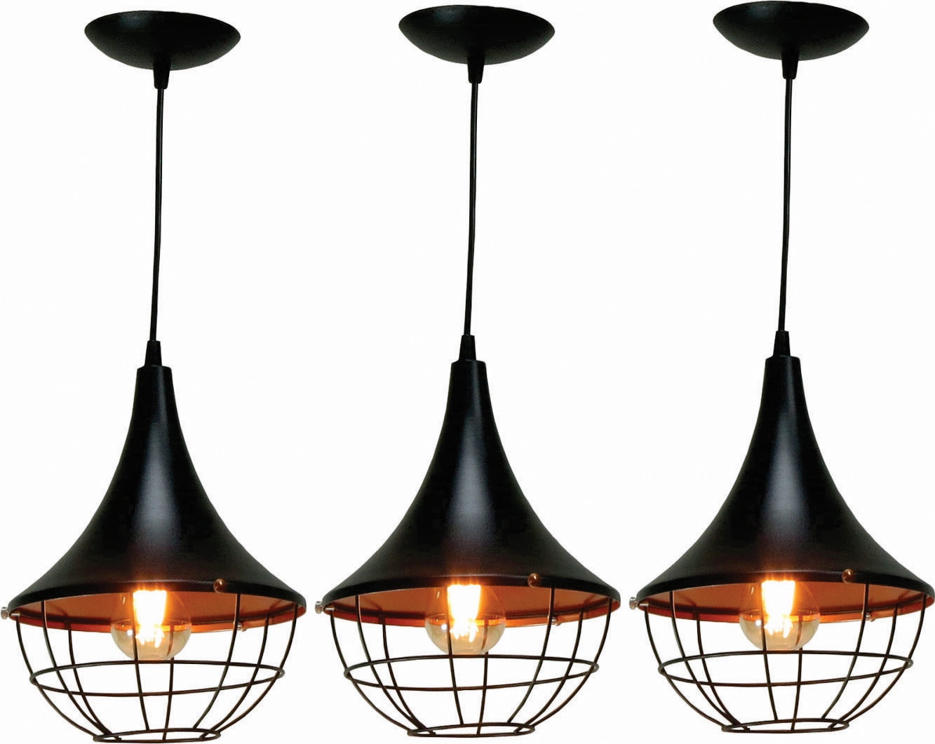 Kit 3 Luminárias Pendente Funil 24 Cm Grade Preto E Cobre