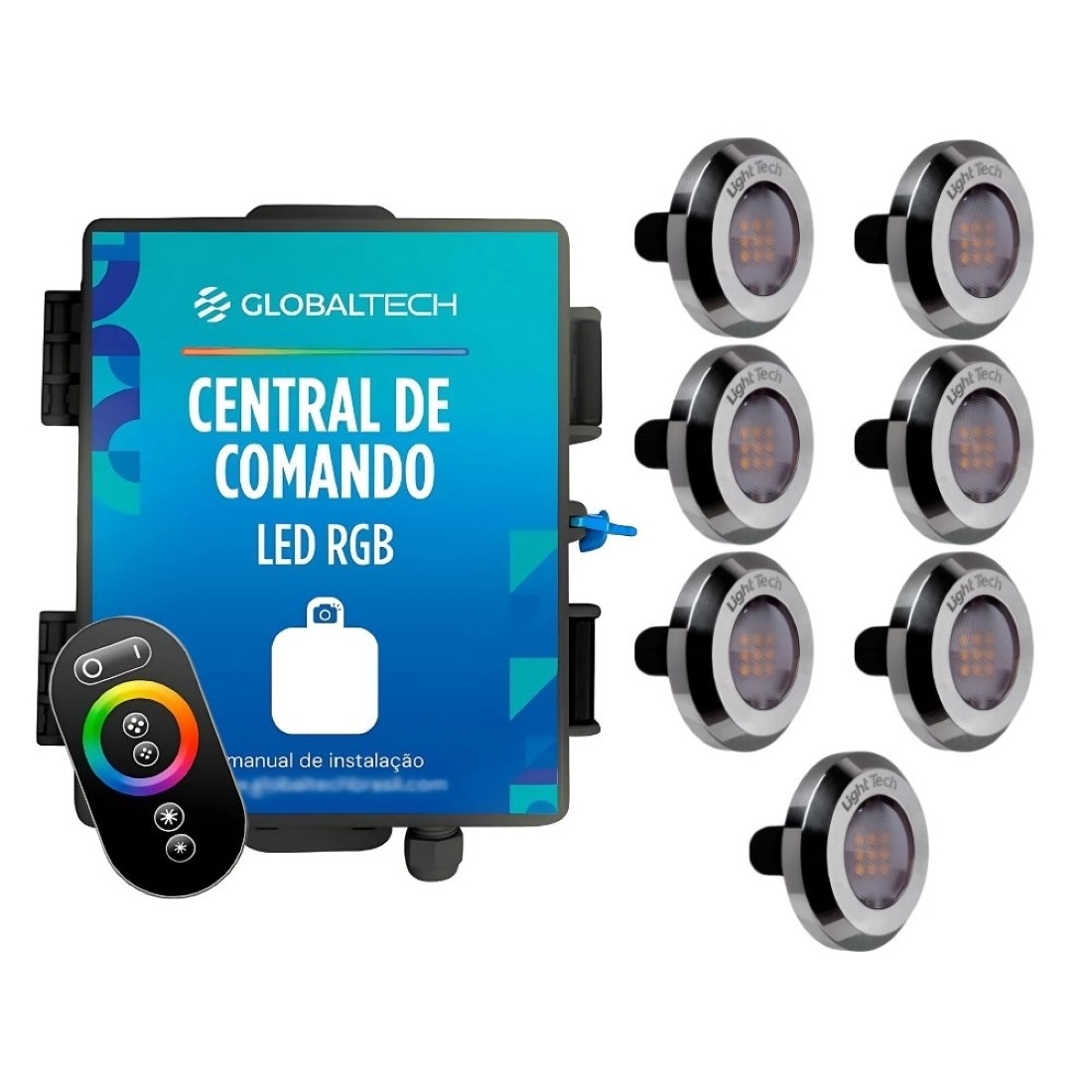 Kit 7 Tiny Led Piscina Inox 316 Rgb 20w + Central + Controle