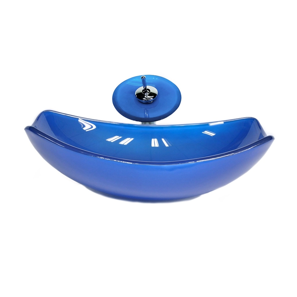 Cuba De Vidro Oval Chanfrada 51cm Azul Escuro + Valvula + Torneira Cascata