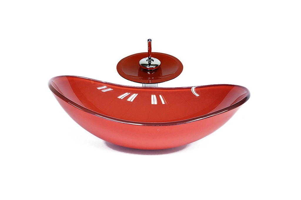 Cuba De Vidro Oval 55cm  Vermelho Ferrari + Valvula + Torneira Cascata