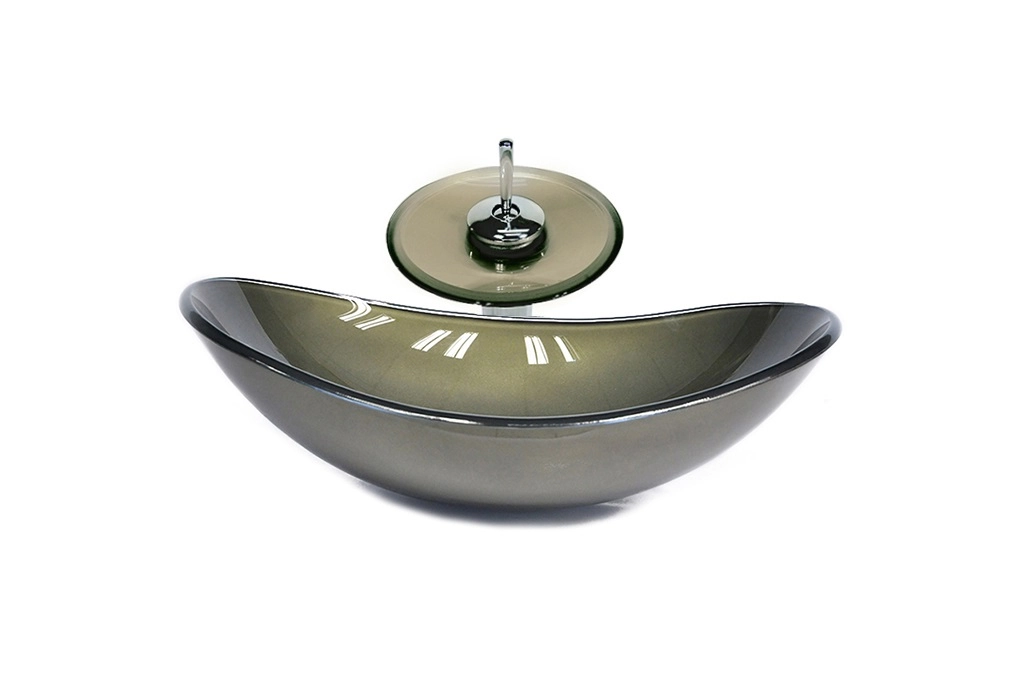 Cuba De Vidro Oval 55cm  Ouro Envelhecido + Valvula + Torneira Cascata