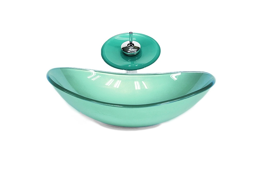 Cuba De Vidro Oval 47cm Verde + Valvula + Torneira Cascata