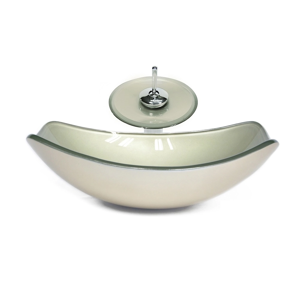 Cuba De Vidro Oval Chanfrada 51cm Champanhe + Valvula + Torneira Cascata