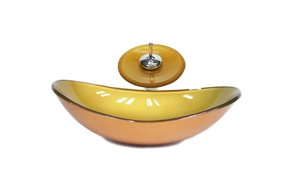 Cuba De Vidro Oval 55cm  Dourado Real + Valvula + Torneira Cascata