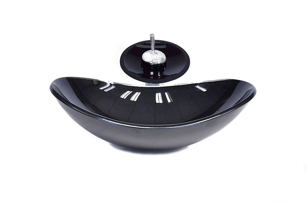 Cuba De Vidro Oval 55cm Preta + Valvula + Torneira Cascata