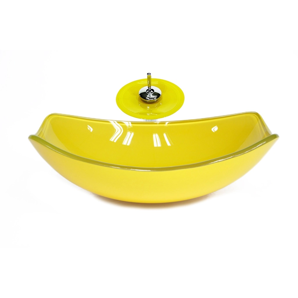 Cuba De Vidro Oval Chanfrada 51cm Amarela + Valvula + Torneira Cascata
