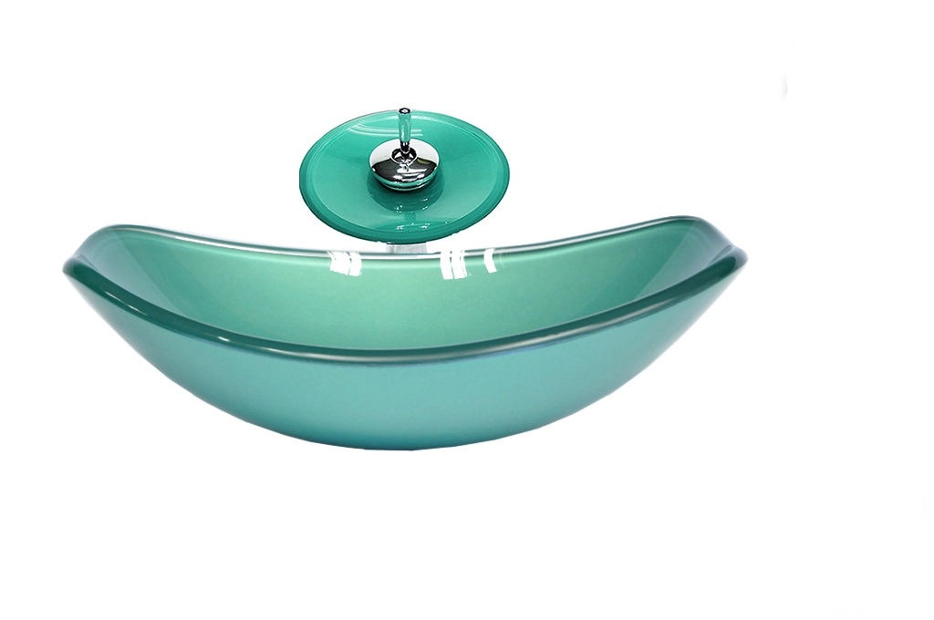 Cuba De Vidro Oval Chanfrada 46cm Verde + Valvula + Torneira Cascata