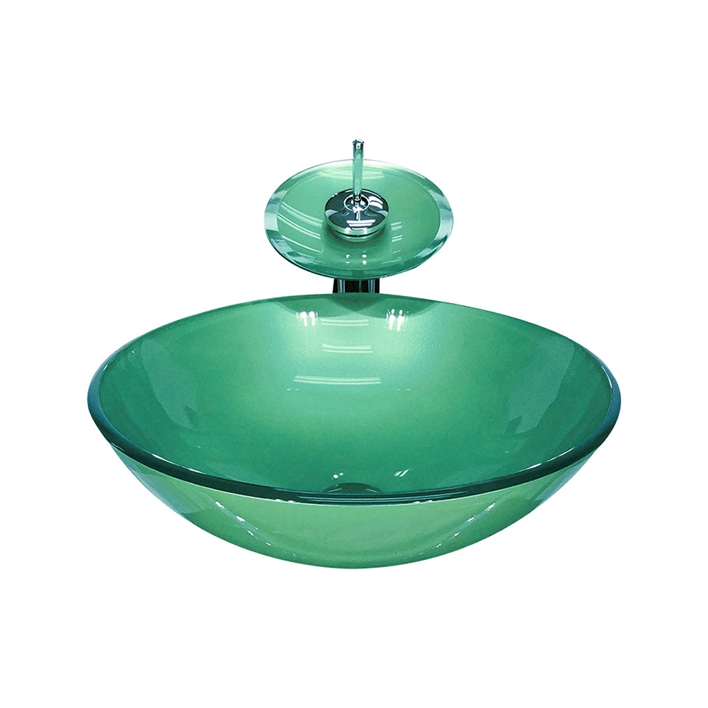 Cuba De Vidro Redonda 42cm Verde + Valvula + Torneira Cascata
