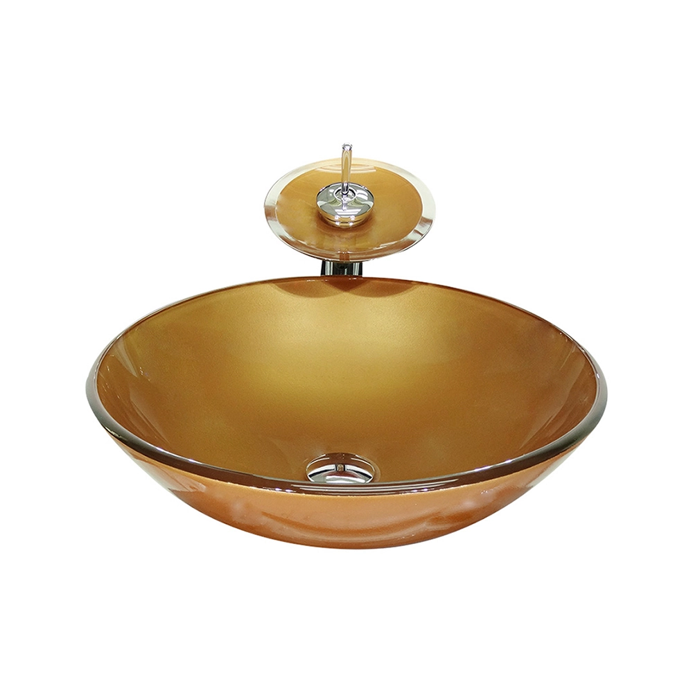 Cuba De Vidro Redonda 42cm Dourado Real + Valvula + Torneira Cascata