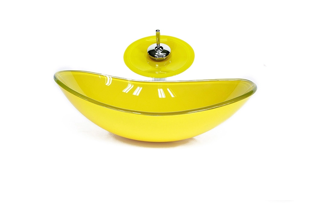 Cuba De Vidro Oval 55cm Amarela + Valvula + Torneira Cascata