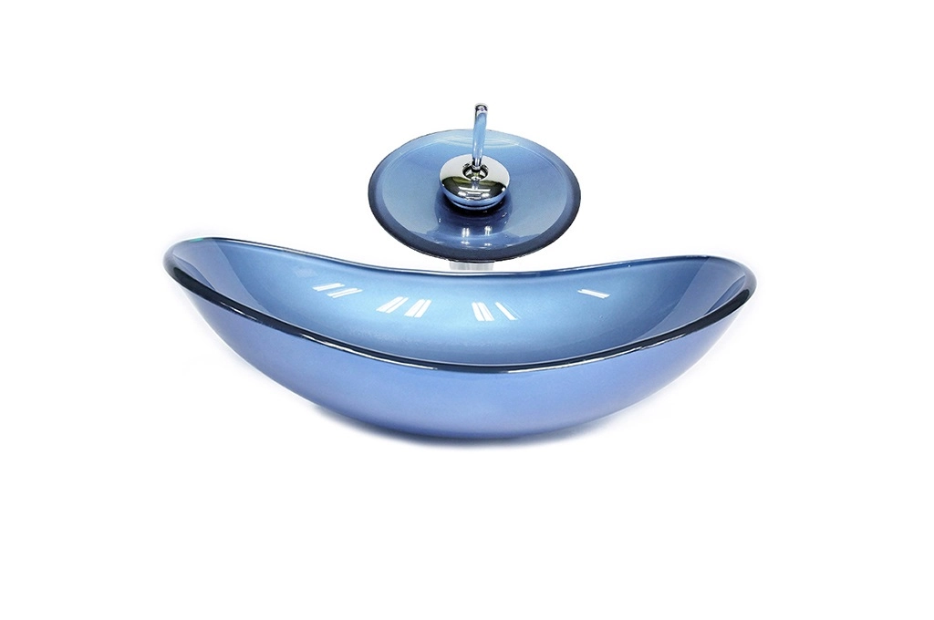 Cuba De Vidro Oval 55cm Azul + Valvula + Torneira Cascata
