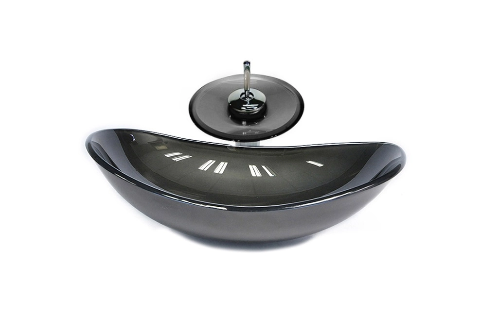 Cuba De Vidro Oval 47cm Grafite + Valvula + Torneira Cascata