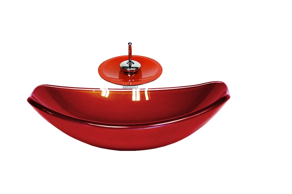 Cuba De Vidro Oval Chanfrada 46cm Vermelho Ferrari + Valvula + Torneira Cascata