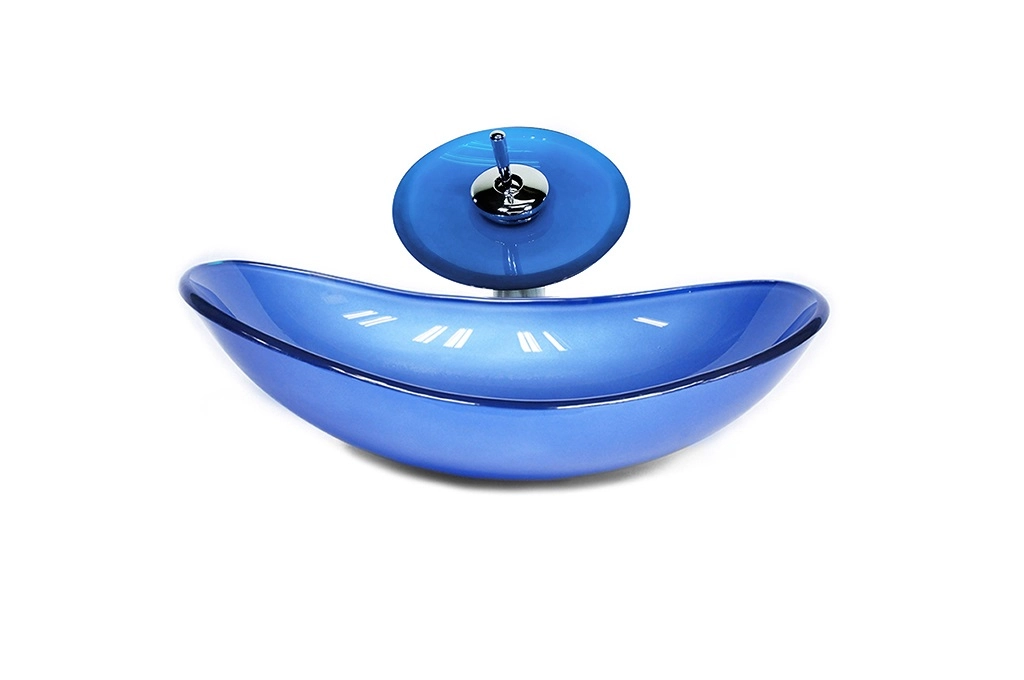 Cuba De Vidro Oval 47cm Azul Escuro + Valvula + Torneira Cascata