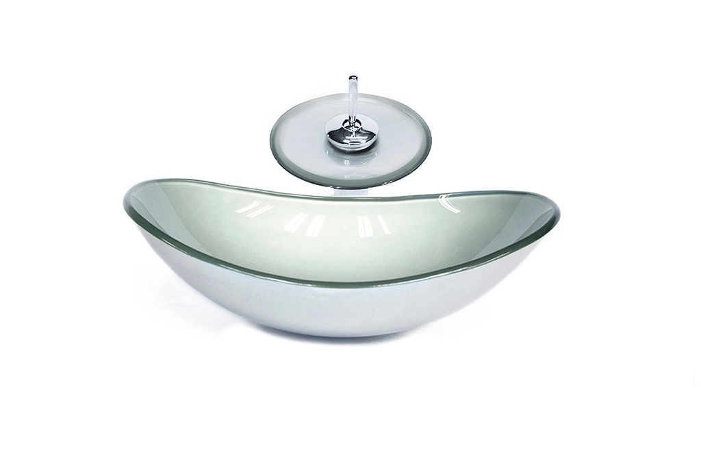 Cuba De Vidro Oval 47cm Prata + Valvula + Torneira Cascata