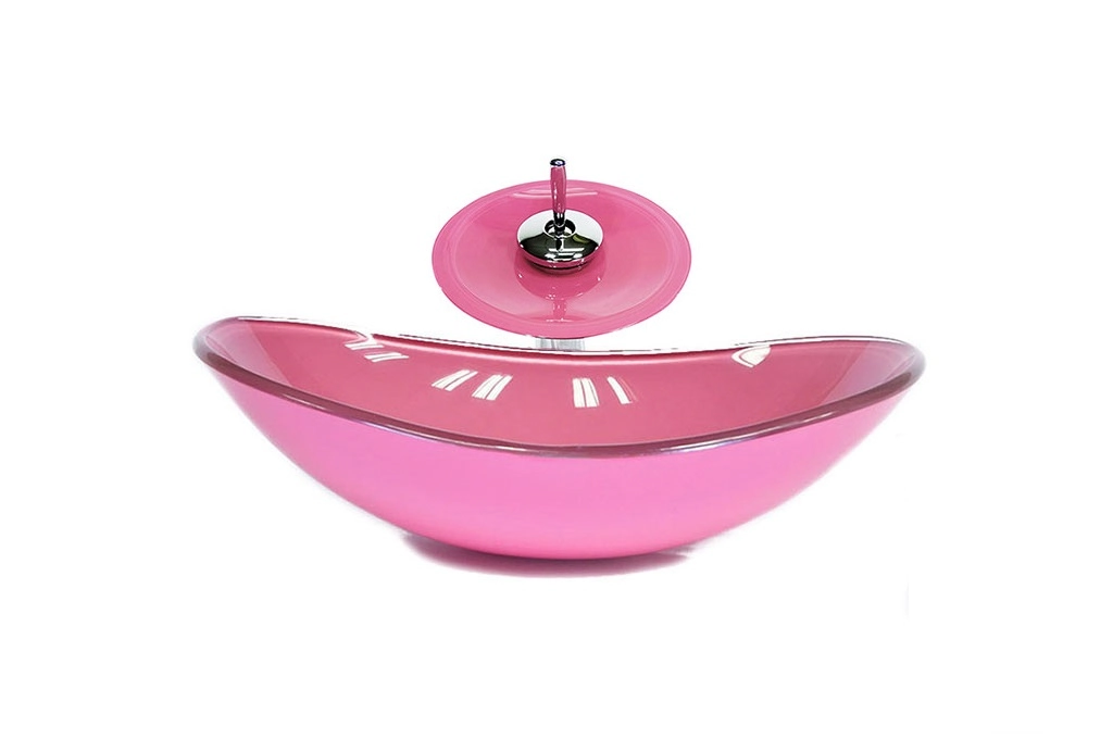 Cuba De Vidro Oval 47cm Rosa + Valvula + Torneira Cascata