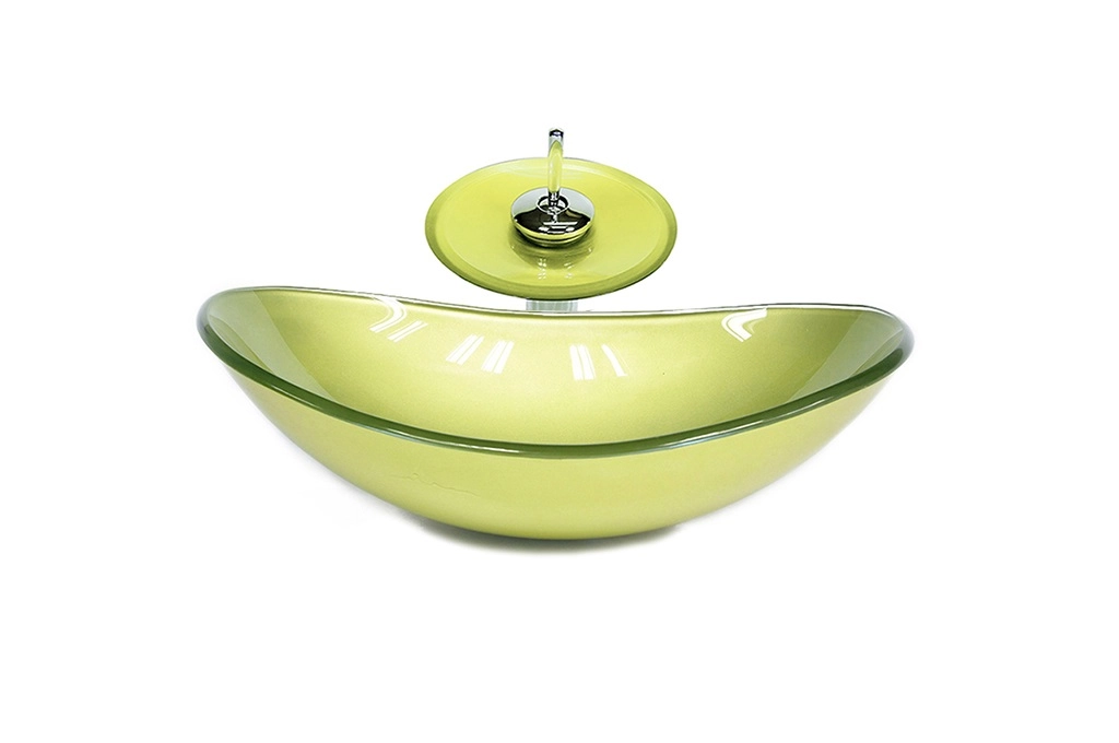 Cuba De Vidro Oval 47cm Verde Oliva + Valvula + Torneira Cascata