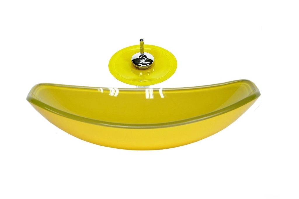 Cuba De Vidro Oval Chanfrada 46cm Amarela + Valvula + Torneira Cascata