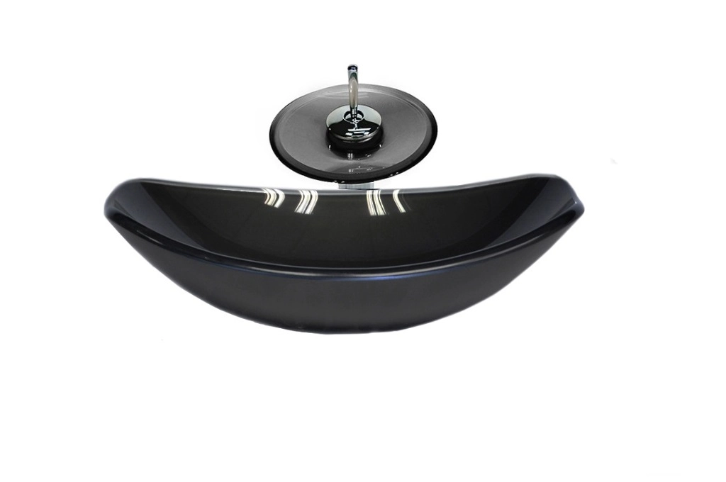 Cuba De Vidro Oval Chanfrada 46cm Grafite + Valvula + Torneira Cascata