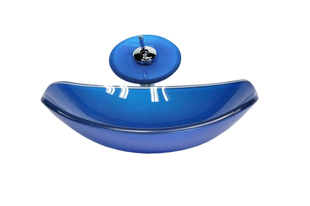 Cuba De Vidro Oval Chanfrada 46cm Azul Escuro + Valvula + Torneira Cascata