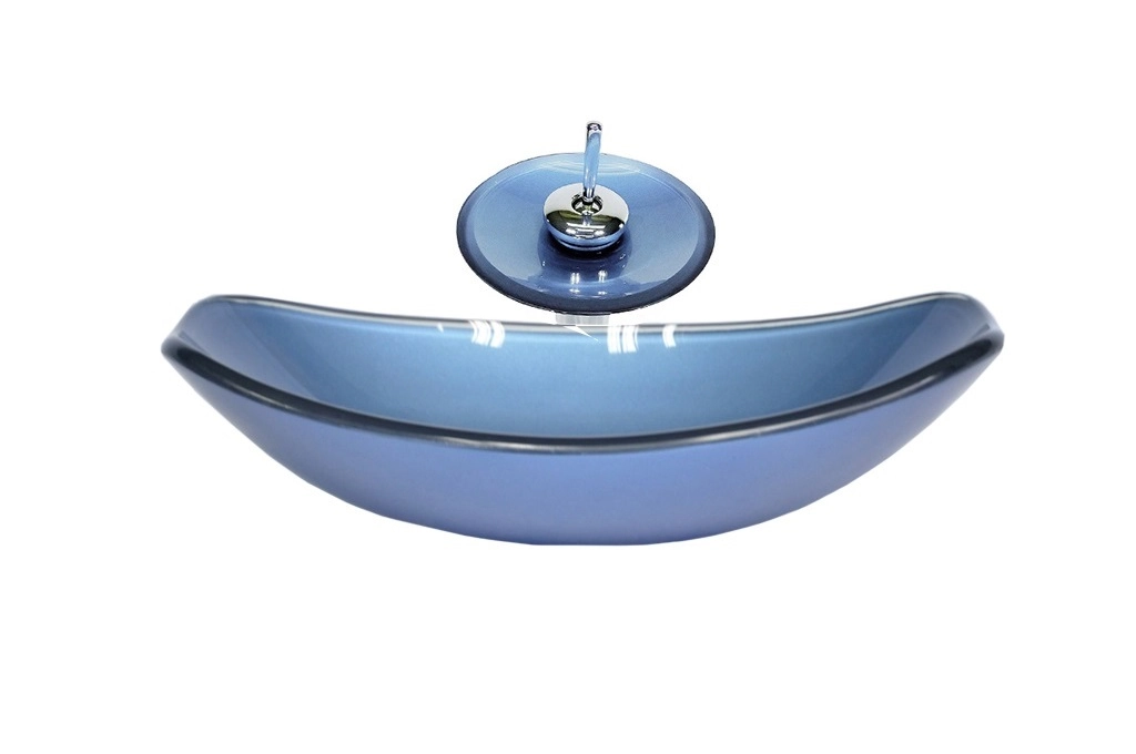 Cuba De Vidro Oval Chanfrada 46cm Azul + Valvula + Torneira Cascata