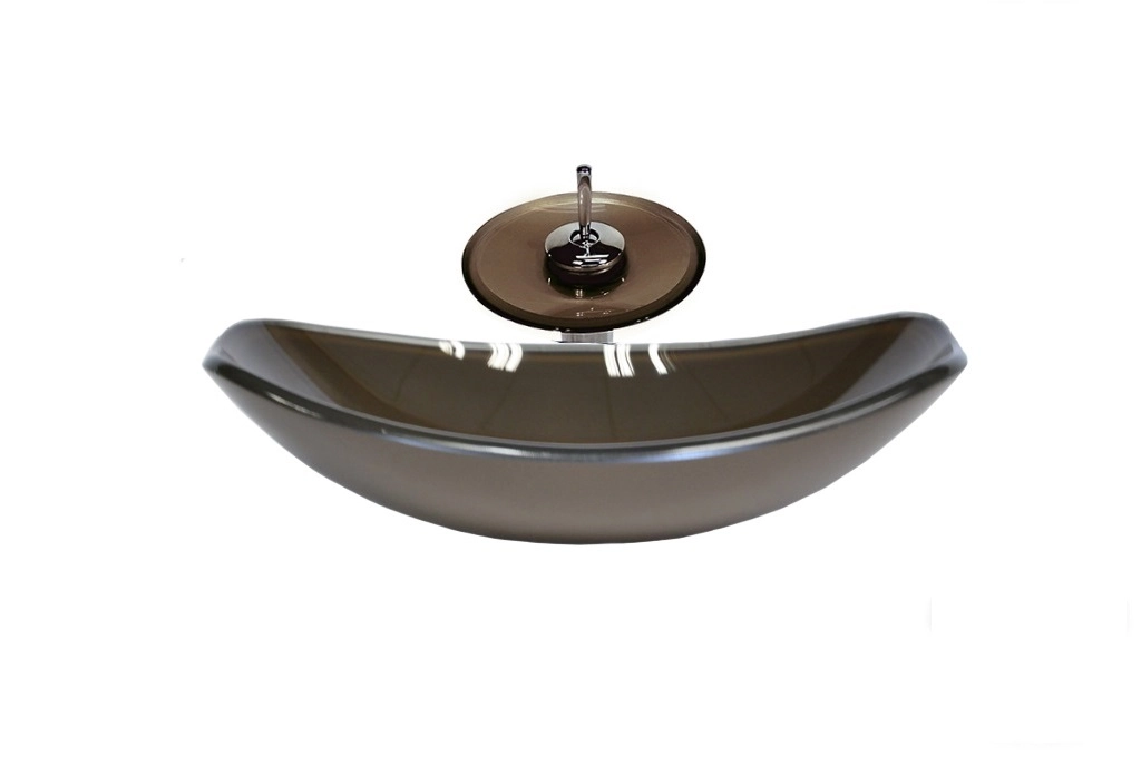Cuba De Vidro Oval Chanfrada 46cm Marrom + Valvula + Torneira Cascata