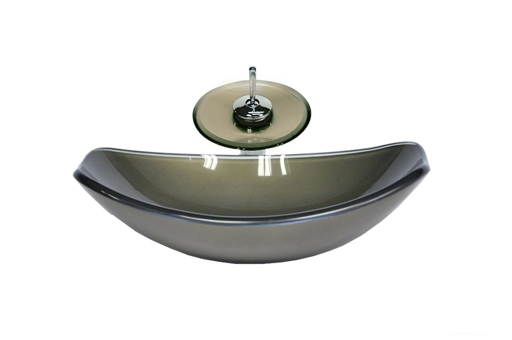 Cuba De Vidro Oval Chanfrada 46cm Ouro Envelhecido + Valvula + Torneira Cascata
