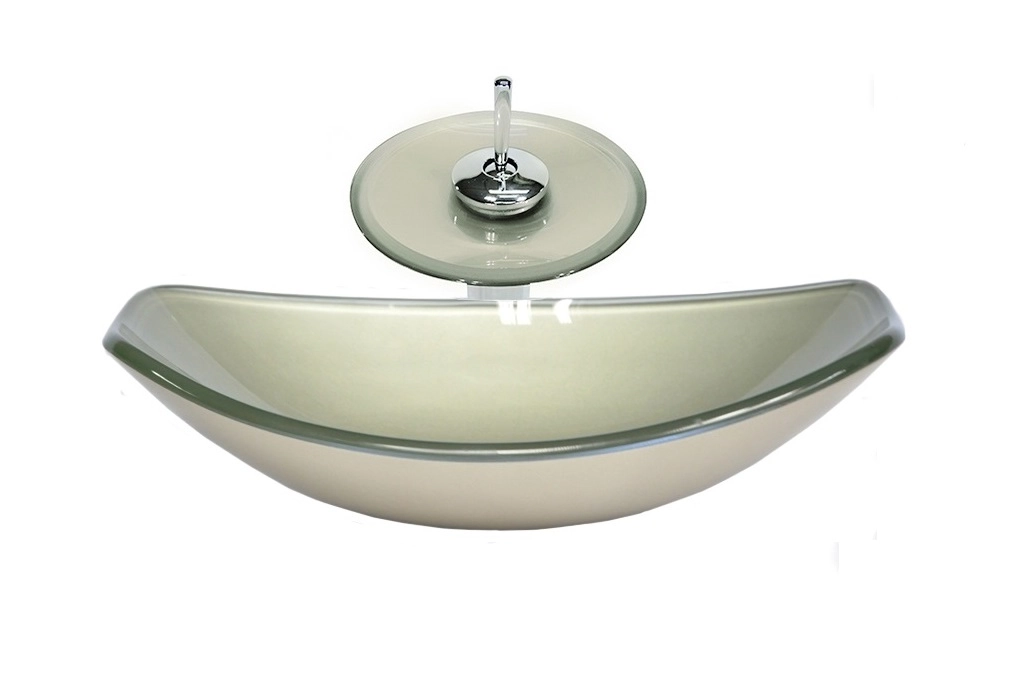 Cuba De Vidro Oval Chanfrada 46cm Champanhe + Valvula + Torneira Cascata