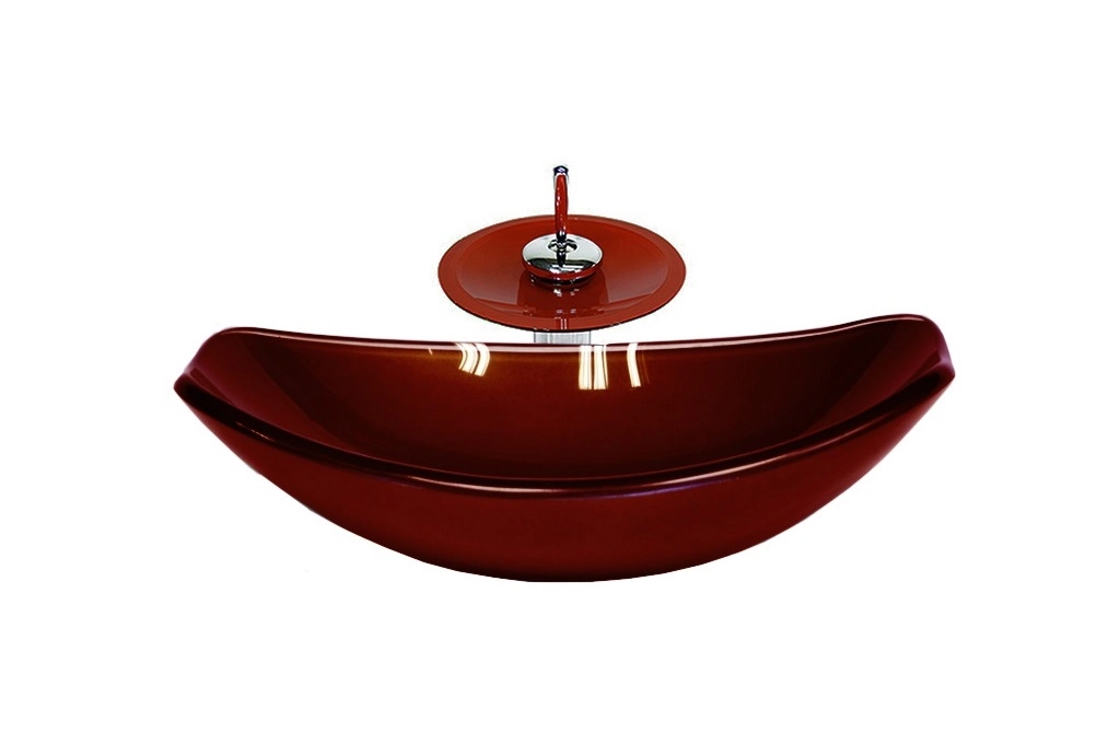 Cuba De Vidro Oval Chanfrada 46cm Vermelho Cereja + Valvula + Torneira Cascata