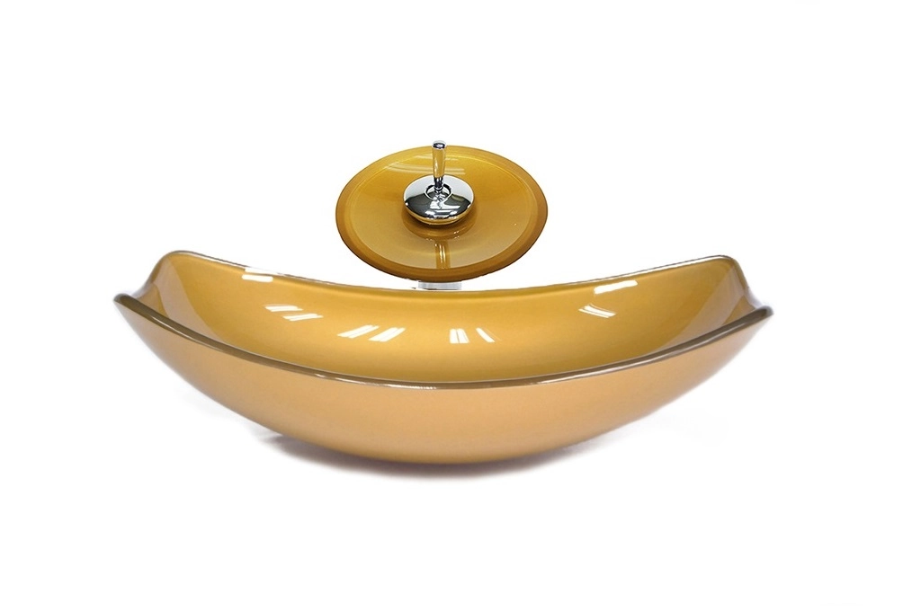 Cuba De Vidro Oval Chanfrada 46cm Dourado Real + Valvula + Torneira Cascata