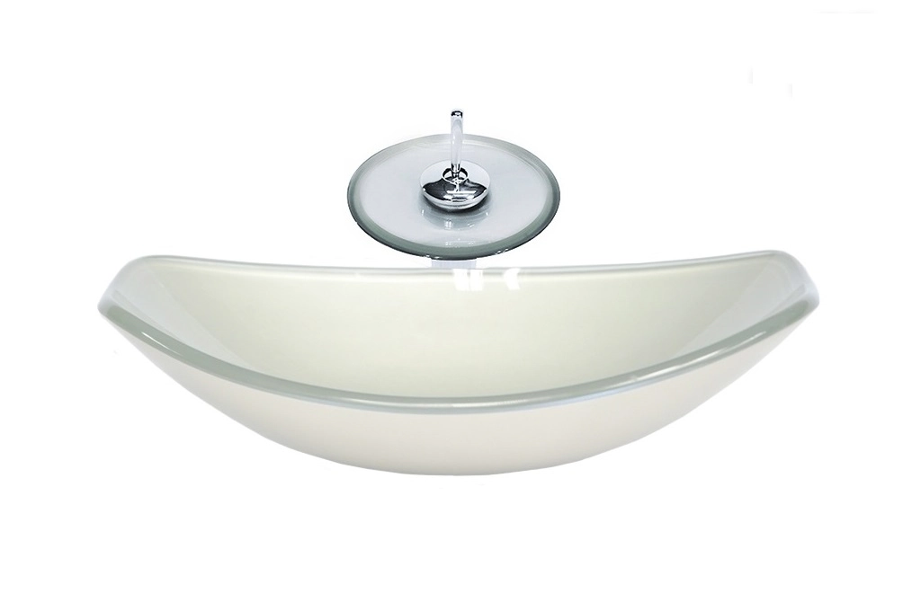 Cuba De Vidro Oval Chanfrada 46cm Prata + Valvula + Torneira Cascata