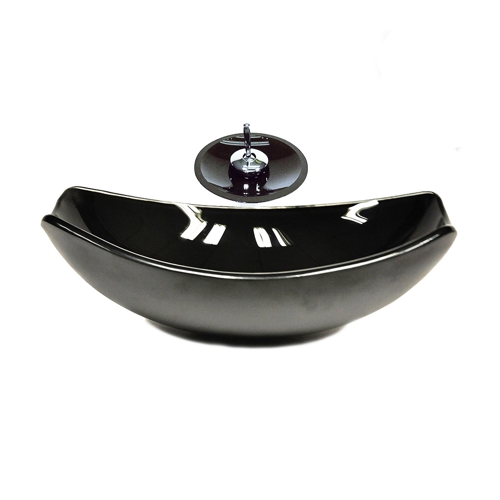 Cuba De Vidro Oval Chanfrada 51cm Grafite + Valvula + Torneira Cascata