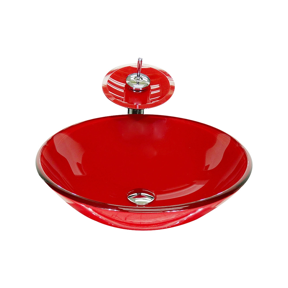 Cuba De Vidro Redonda 42cm Vermelho Ferrari + Valvula + Torneira Cascata