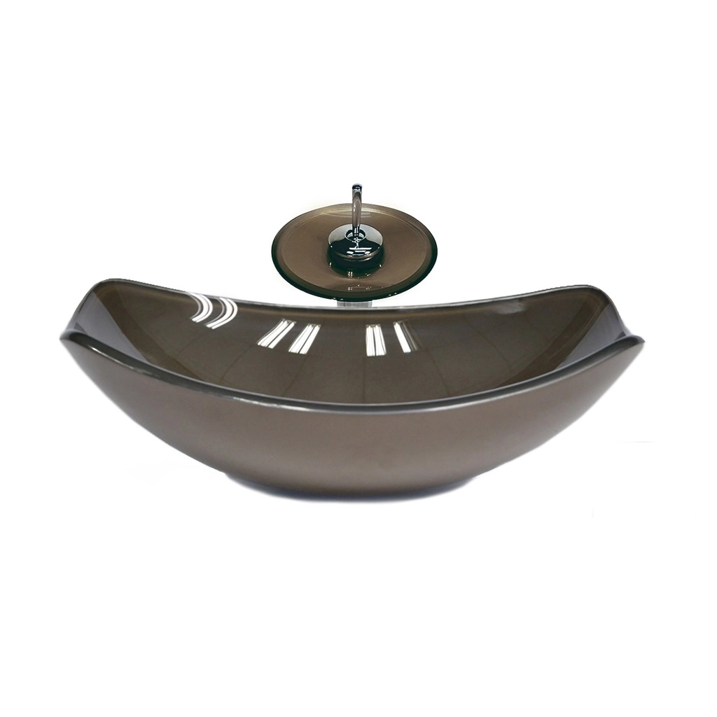 Cuba De Vidro Oval Chanfrada 51cm Marrom + Valvula + Torneira Cascata