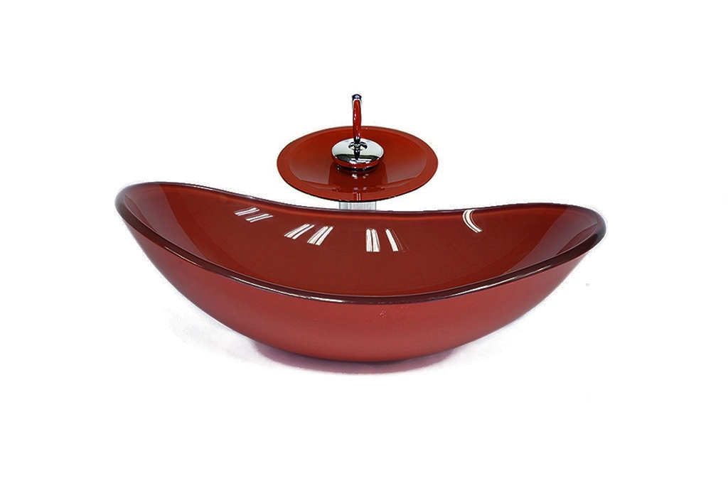 Cuba De Vidro Oval 55cm Vermelho Cereja + Valvula + Torneira Cascata