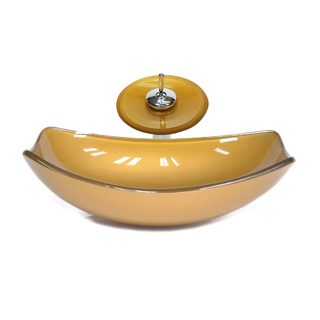 Cuba De Vidro Oval Chanfrada 51cm Dourado Real + Valvula + Torneira Cascata