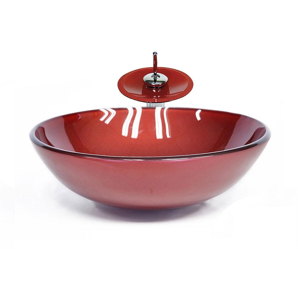 Cuba De Vidro Redonda 42cm Vermelho Cereja + Valvula + Torneira Cascata