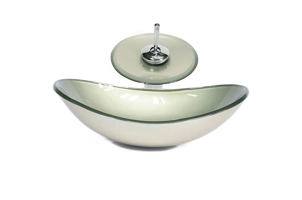 Cuba De Vidro Oval 55cm Champanhe + Valvula + Torneira Cascata