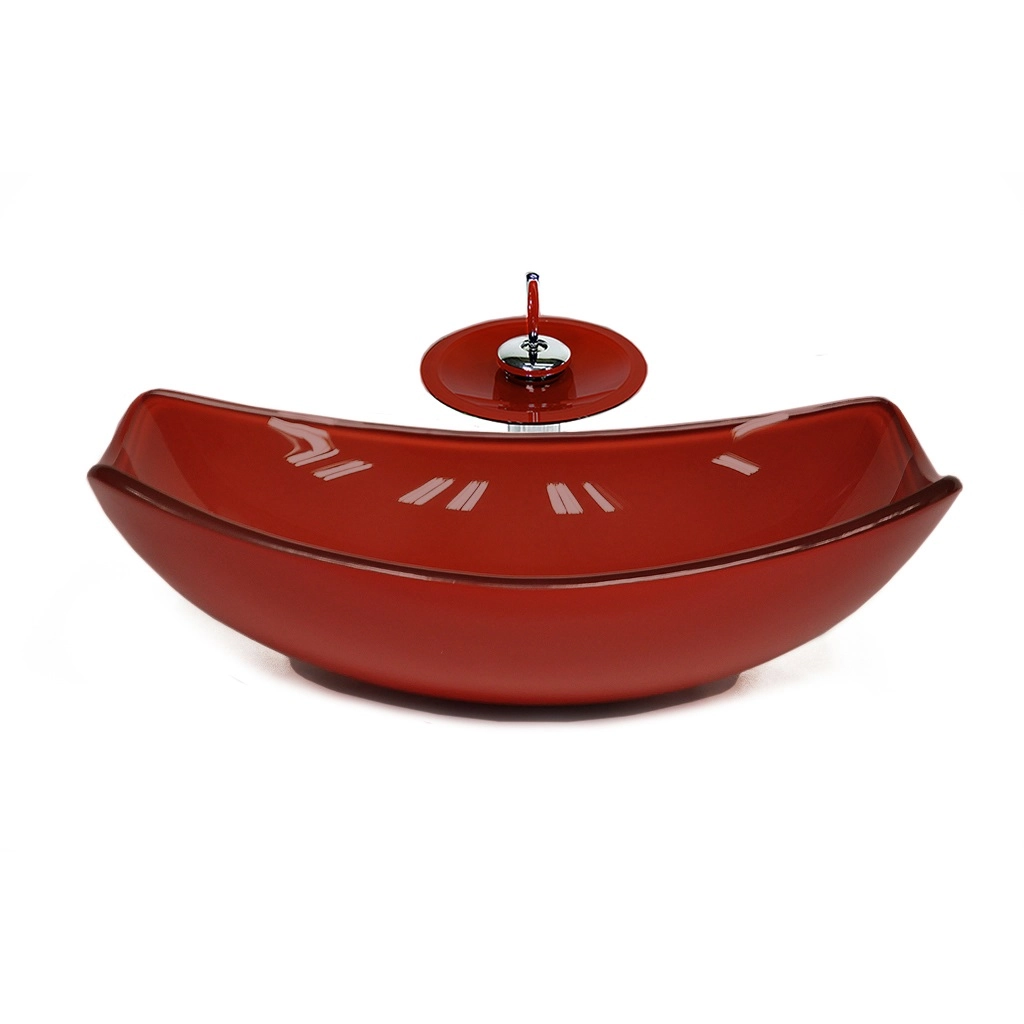 Cuba De Vidro Oval Chanfrada 51cm Vermelho Cereja + Valvula  + Torneira Cascata