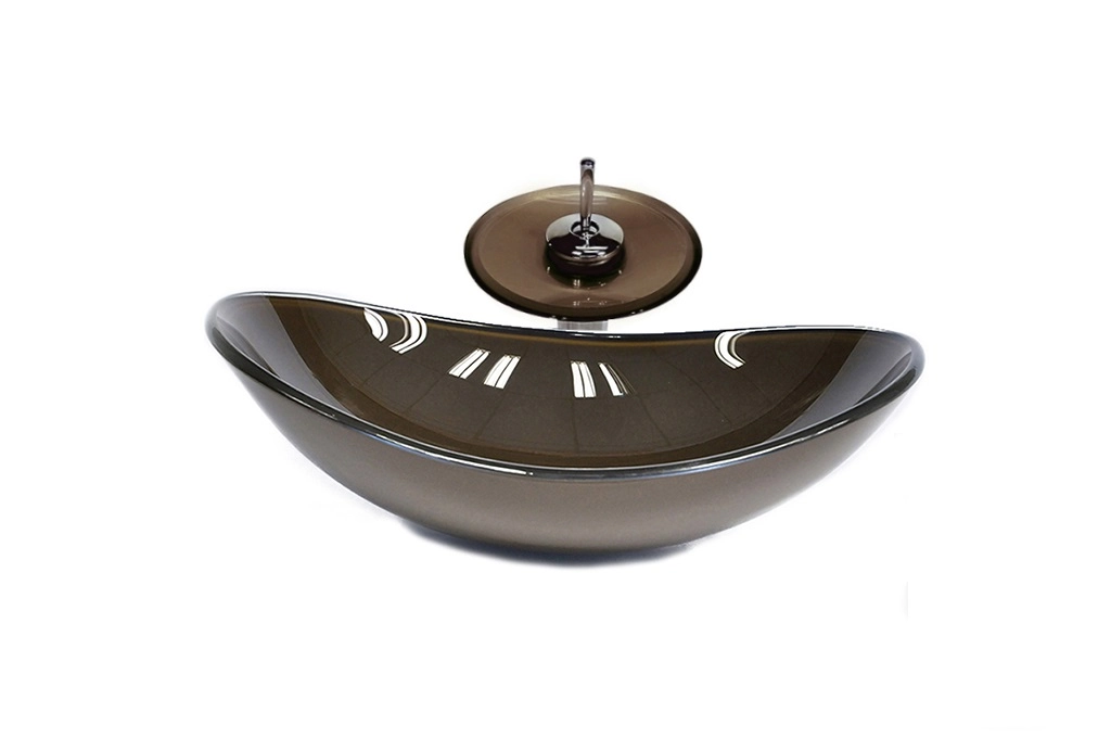 Cuba De Vidro Oval 55cm  Marrom + Valvula + Torneira Cascata