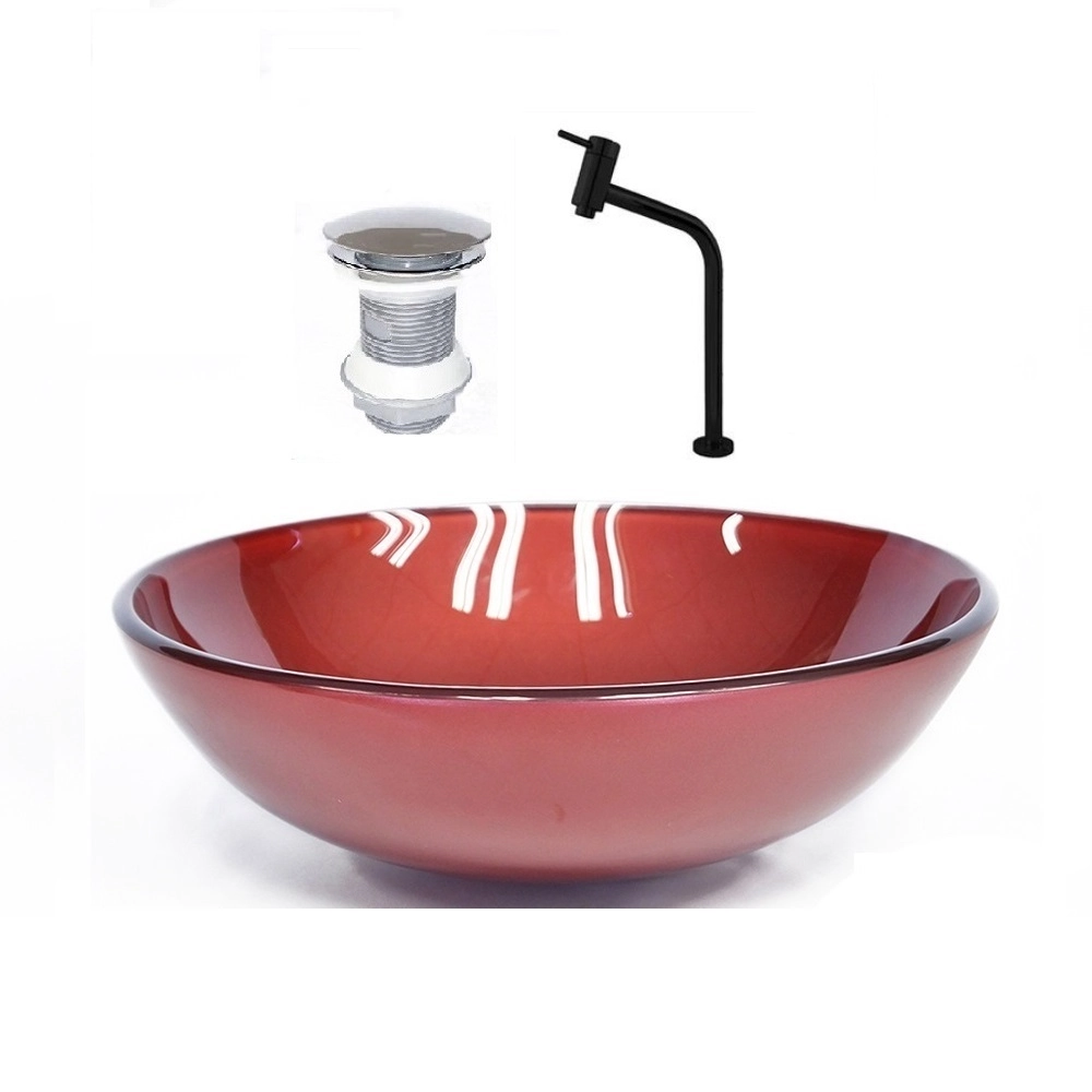 Cuba De Vidro Redonda 31cm Vermelho Cereja + Valvula + Torneira Preta